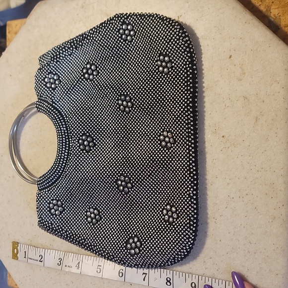 Vintage Elegant Black Silver Beaded clutch Handbag purse evening bag - Picture 3 of 5